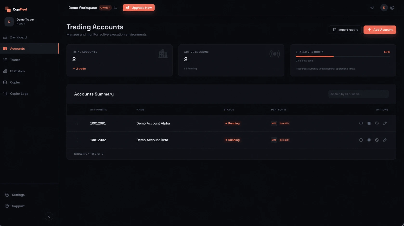 CopyFleet Account Management with connected fictional MT5 accounts, session controls, and capacity status.