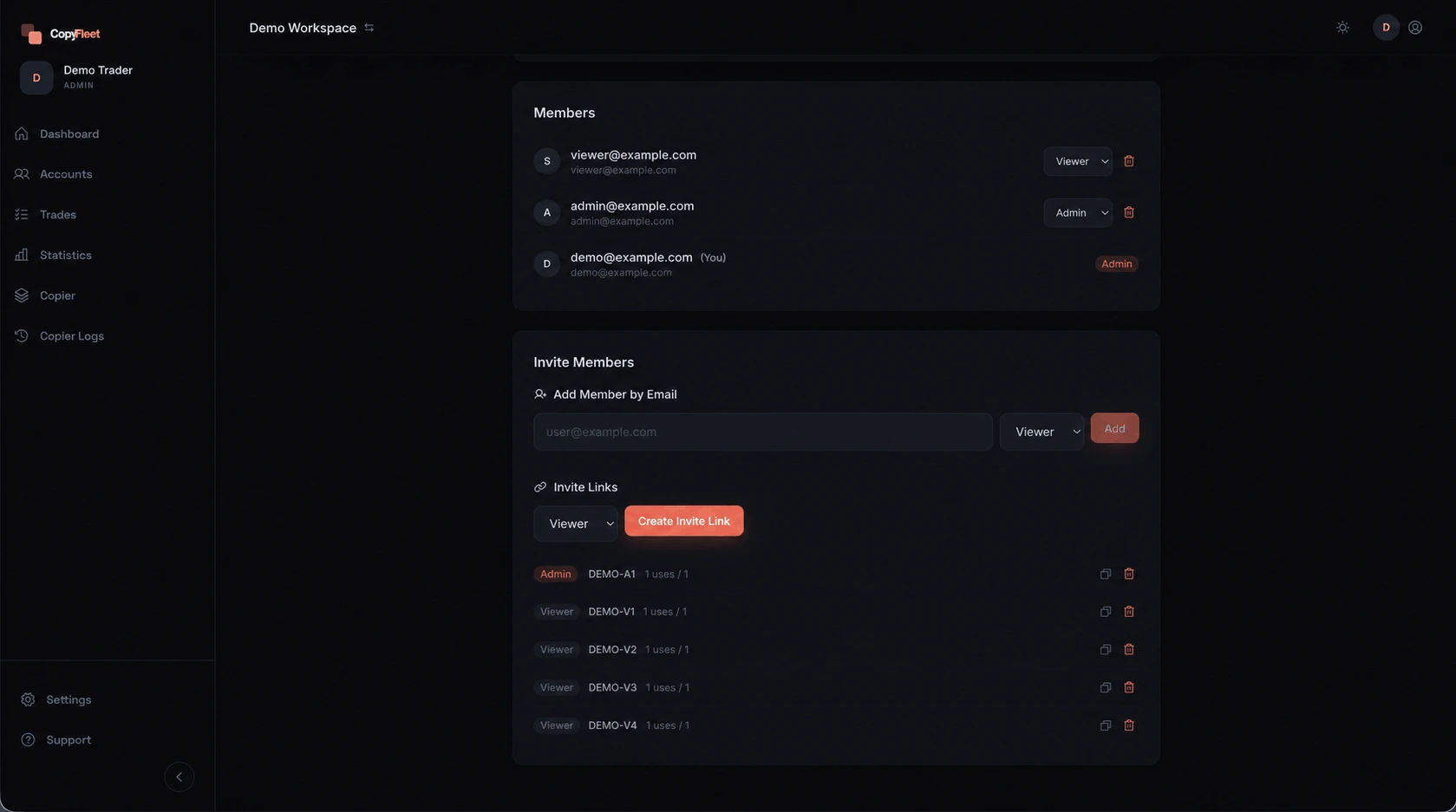 CopyFleet Team and Member Management showing member roles and invitations.