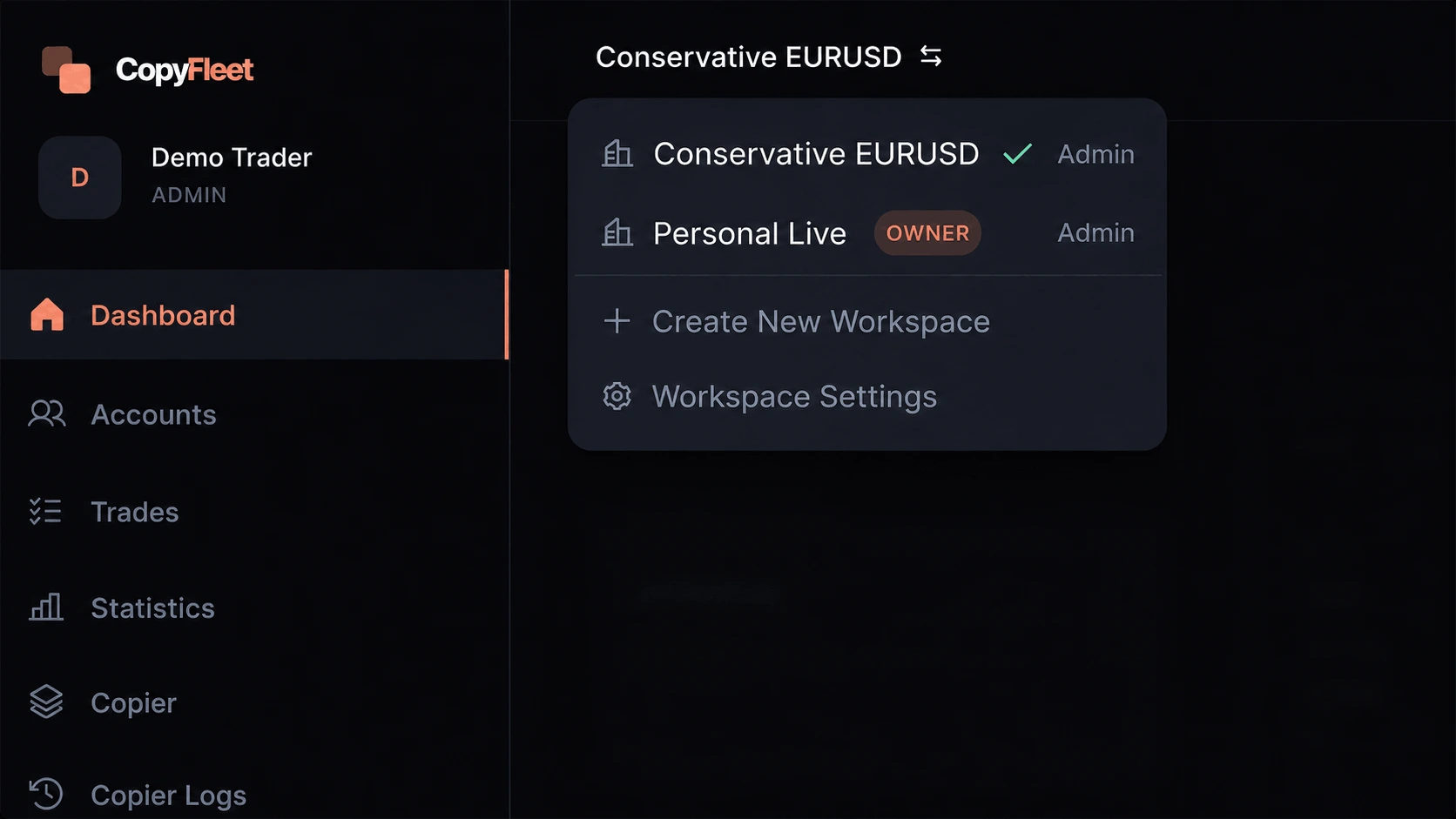 CopyFleet workspace selector with fictional strategy workspaces and workspace controls.